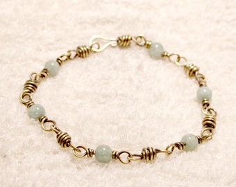 Bracelet Link Chain Brass with Malaysia Jade Pearls Aquamarine Green