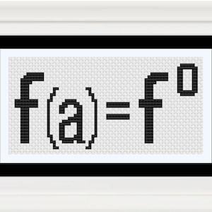 Puede incluir: Obra de arte enmarcada con un diseño de punto de cruz que muestra la ecuación matemática "f(a) = f⁰" en negro sobre un fondo gris claro. La obra está enmarcada en un marco blanco con un paspartú negro.