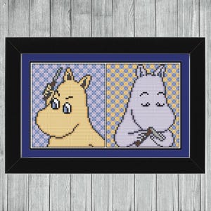 May include: Cross-stitch artwork in a black frame. The artwork is divided into two panels, each featuring a cartoon character. One is yellow with a knife, the other is gray with a fork. The background is blue and yellow.