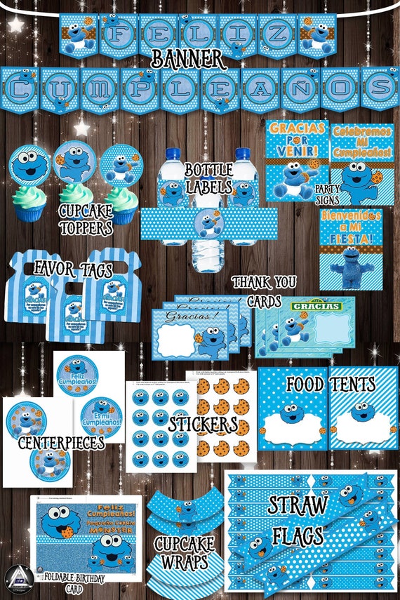 Spanish Cookie Monster Party Kit Feliz Cumpleanos Sesame Etsy