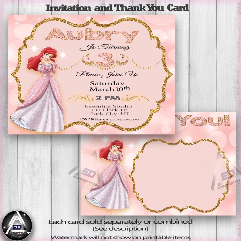 Ariel Thank You Card Little Mermaid Birthday Princess Little Mermaid Thank You Card Blank Disney Little Mermaid Mermaid Thank You Card