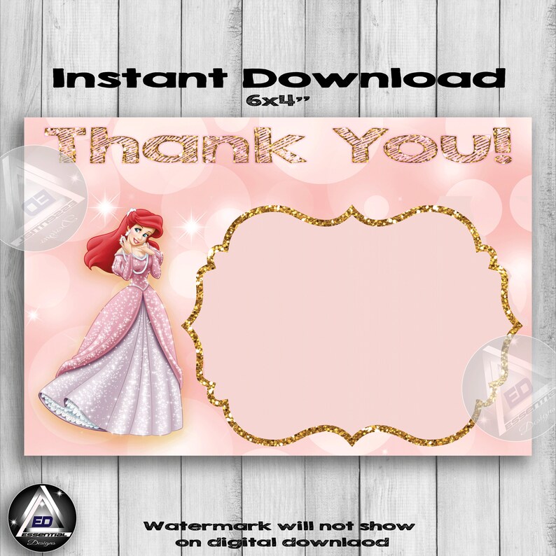 Ariel Thank You Card Little Mermaid Birthday Princess Little Mermaid Thank You Card Blank Disney Little Mermaid Mermaid Thank You Card