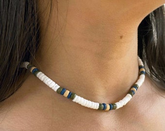 Ocean Harmony Puka Shell & Coconut Necklace - White, Blue, Green, Beige - Handcrafted Bohemian Surfer Jewelry