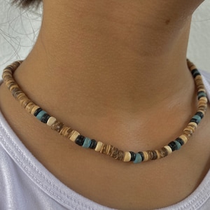 Earthy Tones Coconut Necklace - Brown, Beige, Black, Blue - Handmade Bohemian Surfer Accessory
