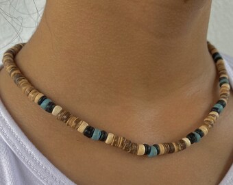 Earthy Tones Coconut Necklace - Brown, Beige, Black, Blue - Handmade Bohemian Surfer Accessory
