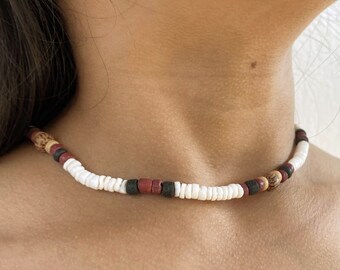 Chic Round White Puka & Coconut Necklace - Red, Beige, Black - Bohemian Beach Jewelry for All