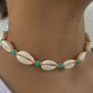 Beige Adjustable Cowrie Shell Choker with Turquoise Beads - Boho Beach Elegance