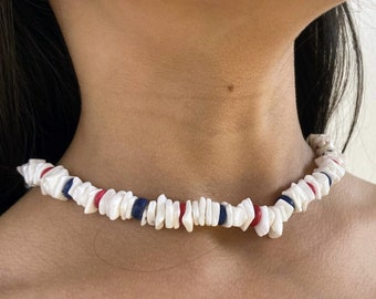 Square White Puka Shell and Blue and Red Coconut Necklace - Bohemian Elegance - Nature-Inspired Unisex Jewelry