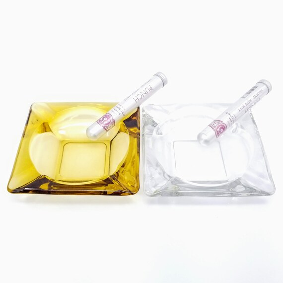 2 X VTG Mid-century Modern Heavy Glass 5.5” Square Cigar Ashtrays: CLEAR +  AMBER