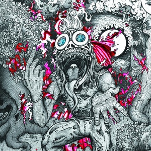 May include: A black and white illustration of a monstrous creature with a large mouth, a long tongue, and goggles. The creature is surrounded by flames and smoke.