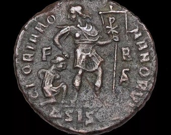 367-83 AD, Gratian, Roman Coin, AE3, GLORIA ROMANORVM, Emperor dragging captive