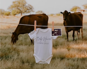 May include: A white onesie with the text "Baby Howard Coming 2023" hanging on a clothesline between two brown cows in a field.