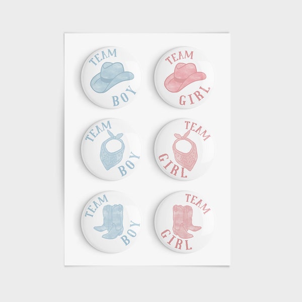 Cowgirl and Cowboy GENDER REVEAL BUTTONS, Team cowgirl, Team cowboy, Western themed gender reveal pins, Country gender reveal