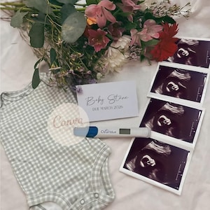 Anuncio de embarazo floral editable: plantilla digital de Canva con flores para el body de bebé y tarjeta con fecha de parto. Publicación en redes sociales de género neutro.