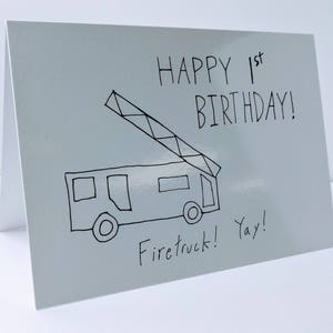 Cartão engraçado de 1º aniversário para menino ou menina – Tema de caminhão de bombeiros, Cartão de felicitações engraçado de primeiro aniversário, Cartão de aniversário de bebê exclusivo