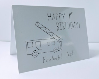 Funny Baby 1st Birthday Card - First Birthday Card - Firetruck Birthday Card - Baby 1 year Birthday - Funny Baby Bday Card