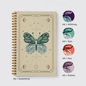 May include: A spiral-bound notebook with a beige cover featuring a dark green butterfly illustration, celestial symbols, and the text "AGENDA" and "MMXXVII". Four circular colour swatches are displayed to the right labelled 02 Whimsy, 03 Eau, 04 Feu, and 05 Potion.