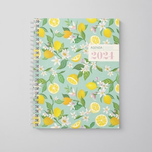 Agenda 2024-2025, August-July, Annual weekly planner, Calendar and notes, French or English, Lemon floral yellow green pattern