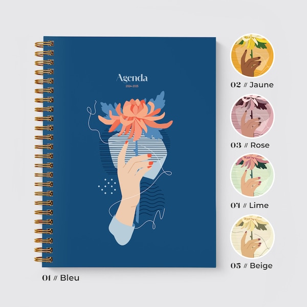 Agenda 2024-2025, August-July, Annual weekly planner, Calendar and notes, French or English, Minimalist hand flower pattern