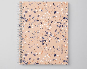 2024 Agenda, January-December, Annual Weekly Planner, Calendar and Notes, French or English, Purple and Pink Terrazzo Pattern