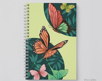 Notebook Small Notebook Stationery hard cover recycled paper Motif Lime pink monarch butterflies