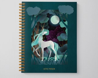 2024 Agenda, January-December, Weekly Planner. annual, Calendar, notes, French or English, Personalized magical forest unicorn pattern