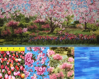 Out of print 10 yards Quilt bundle Michael Miller Primavera panels water tulips ferns cherry tree lane park bench Spring Easter blossom