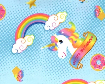 Magical Minky Plush Unicorn Magic Dreams  Pink Blue Rainbows extra 60 inches wide rainbow By the Yard 100% of your purchase goes to charity