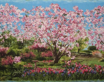 23.5" X 44 Panel Floral Garden Apple Blossoms Trees Iris Flowers Botanical Gardens Path Scenic Landscape Spring Bench Fabric Michael Miller