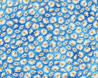 By the half yard Robert Kaufman Garden Cornflower Blue Daisies fabric Floral woodland nature park lane scene Retro Mid Century
