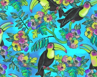 Toucan Do It - Treetop Tropical Birds - Turquoise Tropical birds TIKI retro theme pinup fabric  quilting treasure