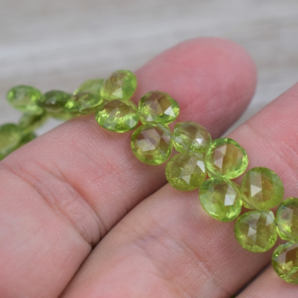 Peridot Briolette Hearts - Rose Cut Cut Gemstone Beads - Side-Drilled - 6 to 7 mm