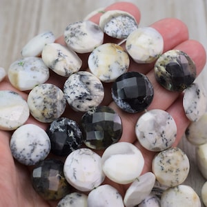Dendrite Opal Faceted Coin Beads - Large Flat Round Beads 16 - 18 mm - Natural Gemstone Beads