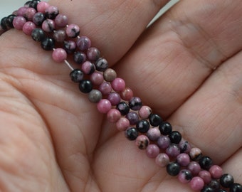 Rhodonite Beads - Pink / Black Smooth Round Stone Beads - 3 mm