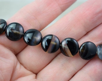 Agata nera striata - Perle rotonde piatte - Perle di pietra semipreziosa - 12 mm / 1/2 pollice
