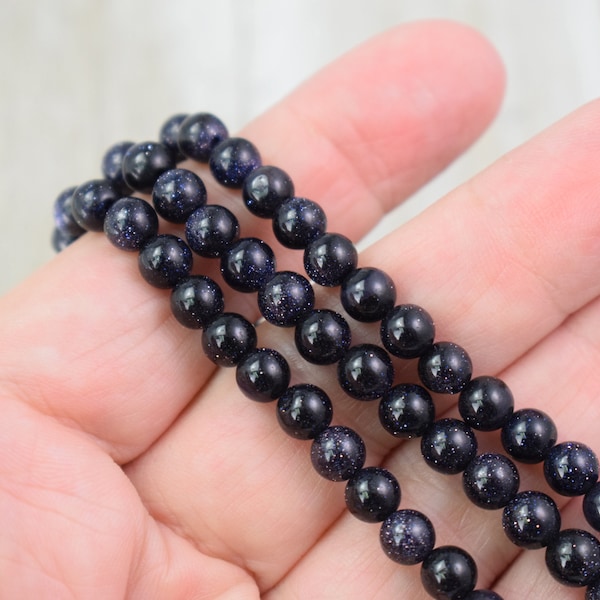 Blue Goldstone Beads - Smooth Round - Semi-Precious Stone - 6 mm