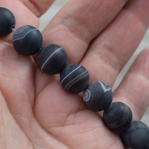 Banded Black Agate Beads - Smooth Round Beads - Matte Polished - Semi Precious Stone Beads - 12mm