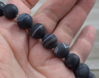 Banded Black Agate Beads - Smooth Round Beads - Matte Polished - Semi Precious Stone Beads - 12mm