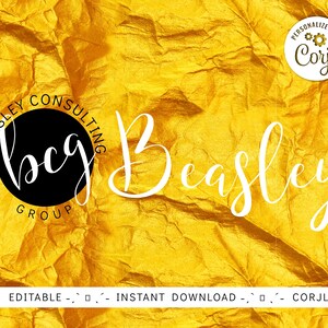 May include: A digital graphic design on a textured gold background. The design features the name "Beasley" in a flowing white script. A black circle with the letters "bcg" in white script is also present, along with the words "Beasley Consulting Group".