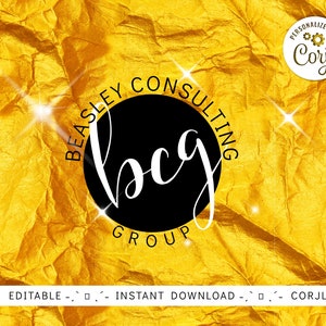 Puede incluir: Un fondo dorado texturizado con el texto "Beasley Consulting Group" en un diseño circular. Las letras "bcg" están en escritura blanca dentro de un círculo negro. La imagen también incluye el texto "Personaliza con Corjl".