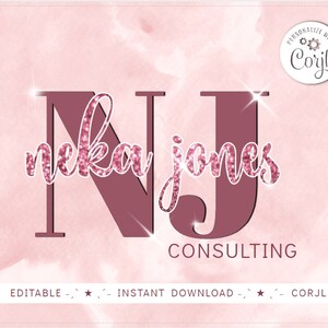 Puede incluir: Un diseño digital con el nombre "Neka Jones" en una fuente rosa brillante sobre una gran inicial "NJ" burdeos. La palabra "Consulting" aparece debajo, con el texto "Editable - Instant Download - Corjl" en la parte inferior, todo sobre un fondo de acuarela rosa.