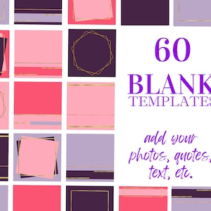 60 Blank Social Media templates for Instagram or Facebook posts - Pink and Purple Theme, Branding Bundle, .png files to upload in Canva