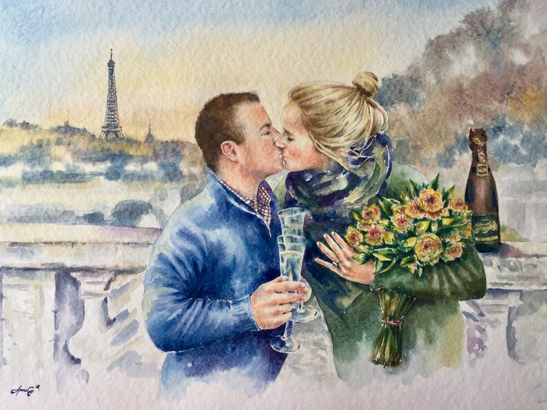 Personalized Couple Portrait Painting | Custom Anniversary, Honeymoon or Engagement Gift | Handpainted Watercolor from Photo image 3
