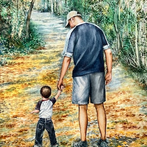 May include: A watercolor painting of a father and son walking along a path in a forest. The father is wearing a blue shirt, khaki shorts, and a baseball cap. The son is wearing a blue shirt, blue jeans, and a white shirt. The path is covered in fallen leaves.