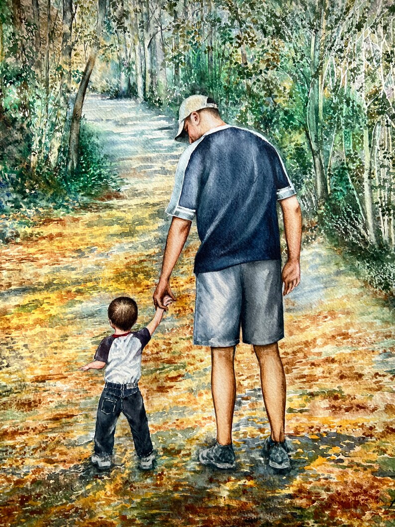 May include: A watercolor painting of a father and son walking along a path in a forest. The father is wearing a blue shirt, khaki shorts, and a baseball cap. The son is wearing a blue shirt, blue jeans, and a white shirt. The path is covered in fallen leaves.