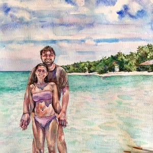 May include: Watercolour painting of a couple standing in the sea, holding hands. The man is wearing a green shirt and the woman is wearing a pink bikini. The background is a blue sky with white clouds and a green island.