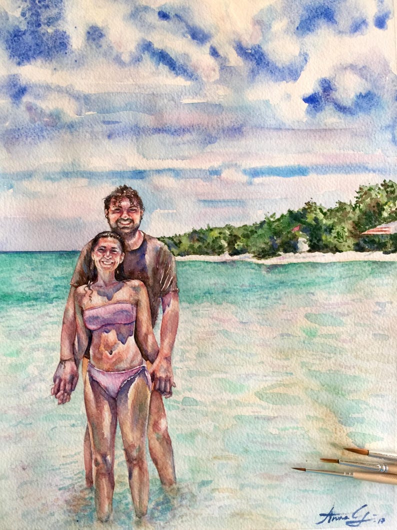 May include: Watercolour painting of a couple standing in the sea, holding hands. The man is wearing a green shirt and the woman is wearing a pink bikini. The background is a blue sky with white clouds and a green island.