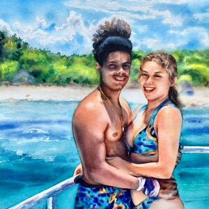 May include: A watercolour painting of a couple on a boat. The man has dark skin and is wearing blue swimming trunks. The woman has fair skin and is wearing a blue and white bikini. They are smiling and looking at the camera. The background is a blue ocean with a green island in the distance.