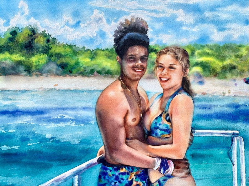 May include: A watercolour painting of a couple on a boat. The man has dark skin and is wearing blue swimming trunks. The woman has fair skin and is wearing a blue and white bikini. They are smiling and looking at the camera. The background is a blue ocean with a green island in the distance.