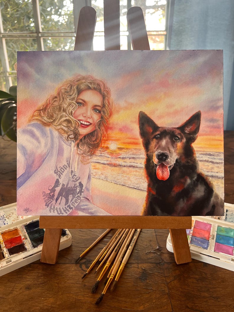 Custom Watercolor Portrait of Two People | Personalized Couple, Parent & Child, or Pet Owner Gift | Handpainted Art from Photo image 3